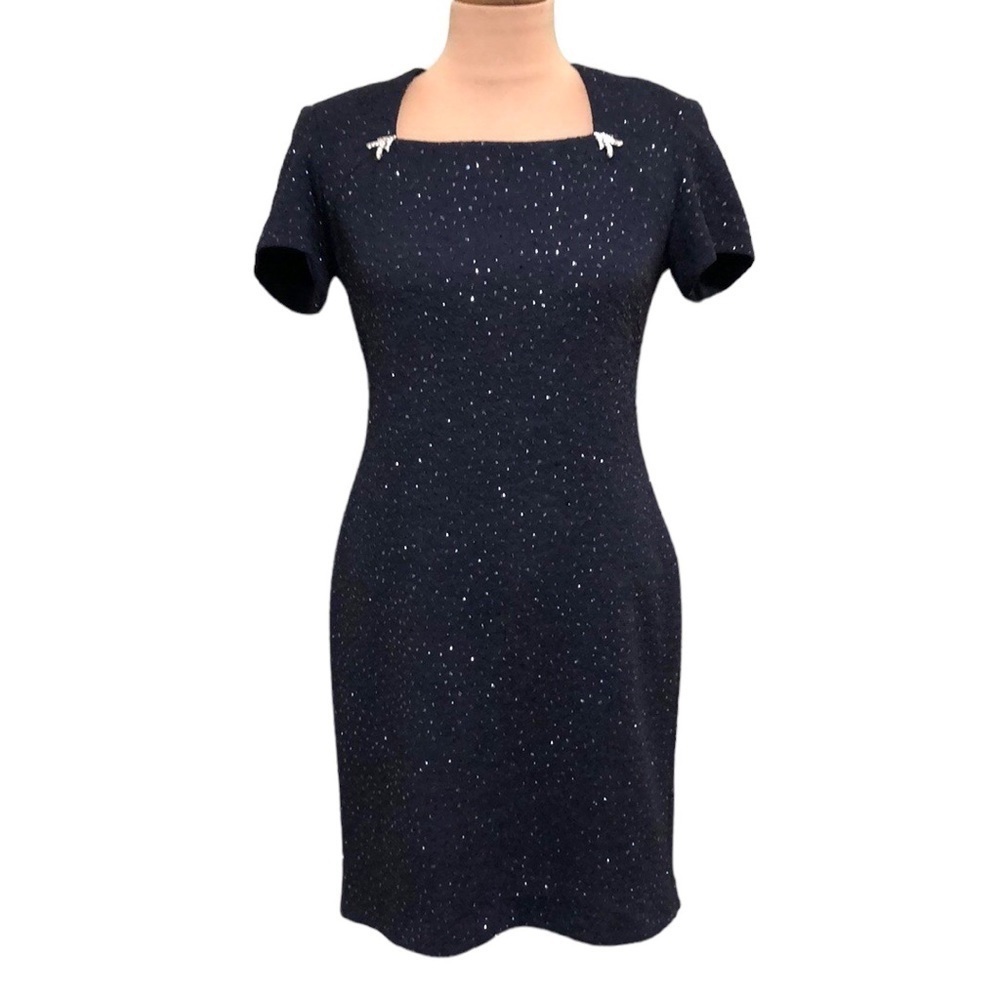 Jessica Howard Cocktail Dress Size 6 Navy Blue Glitter Rhinestone Accent